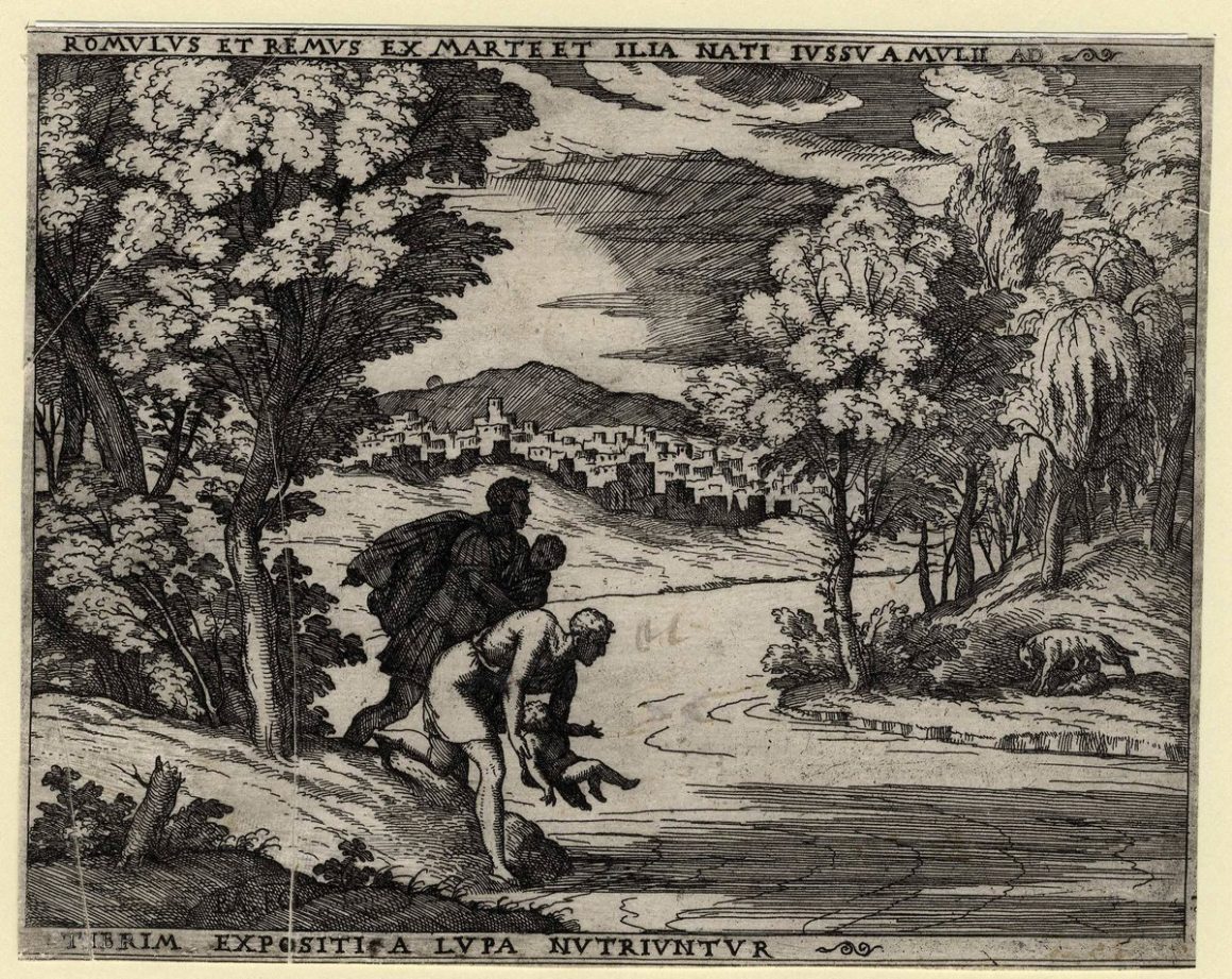 Romulus and Remus being exposed to the Tiber river,, plate 2 from a ...